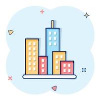 Building icon in comic style. Town skyscraper apartment cartoon vector illustration on white isolated background. City tower splash effect business concept.