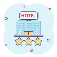 icono de signo de hotel 3 estrellas en estilo cómico. Posada edificio ilustración vectorial de dibujos animados sobre fondo blanco aislado. concepto de negocio de efecto de salpicadura de habitación de albergue. vector