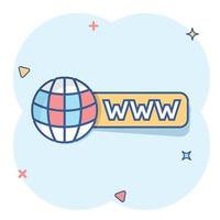 Global search icon in comic style. Website address cartoon vector illustration on white isolated background. WWW network splash effect business concept.