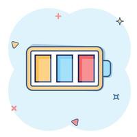 Battery charge icon in comic style. Power level cartoon vector illustration on white isolated background. Lithium accumulator splash effect business concept.
