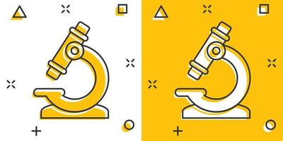 Microscope icon in comic style. Laboratory magnifier cartoon vector illustration on isolated background. Biology instrument splash effect sign business concept.