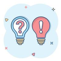 Problem solution icon in comic style. Light bulb idea vector cartoon illustration on isolated background. Question and answer business concept.