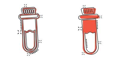 Blood in test tube icon in comic style. Laboratory flask cartoon vector illustration on isolated background. Liquid in beaker splash effect sign business concept.