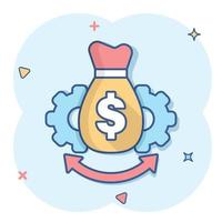 Money optimization icon in comic style. Gear effective cartoon vector illustration on white isolated background. Finance process splash effect business concept.