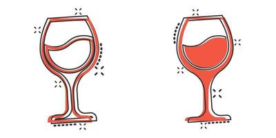 icono de copa de vino en estilo cómico. Ilustración de vector de dibujos animados de bebidas de champán sobre fondo aislado. concepto de negocio de señal de efecto de salpicadura de bebida de cóctel.