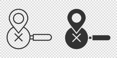 Map pin with magnifier icon in flat style. Gps navigation vector illustration on white isolated background. Locate position business concept.