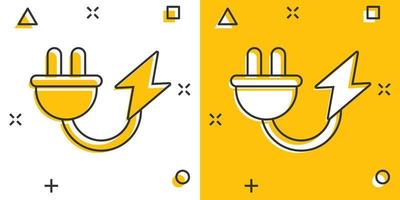 icono de enchufe eléctrico en estilo cómico. Ilustración de vector de dibujos animados de adaptador de corriente sobre fondo blanco aislado. concepto de negocio de signo de efecto de salpicadura de electricista.