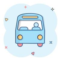 Bus icon in comic style. Coach cartoon vector illustration on white isolated background. Autobus vehicle splash effect business concept.