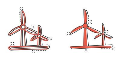 Wind power plant icon in comic style. Turbine cartoon vector illustration on white isolated background. Air energy splash effect sign business concept.