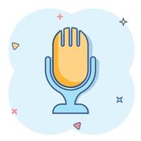 Microphone icon in comic style. Mic broadcast vector cartoon illustration pictogram. Microphone mike speech business concept splash effect.