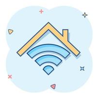 Smart home icon in comic style. House control vector cartoon illustration pictogram. Smart home business concept splash effect.