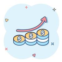 Income rate increase icon in comic style. Finance performance cartoon vector illustration on white isolated background. Coin with growth arrow splash effect business concept.
