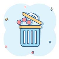 Garbage bin icon in comic style. Recycle cartoon vector illustration on white isolated background. Trash basket splash effect sign business concept.