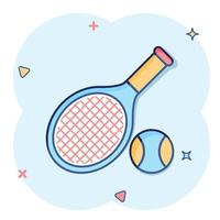 icono de raqueta de tenis en estilo cómico. Ilustración de vector de dibujos animados de raqueta de juego sobre fondo aislado. concepto de negocio de signo de efecto de salpicadura de actividad deportiva.