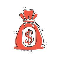 Money bag icon in comic style. Moneybag cartoon vector illustration on isolated background. Coin sack splash effect sign business concept.