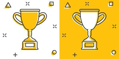 icono de copa de trofeo en estilo cómico. cáliz premio ilustración vectorial de dibujos animados sobre fondo aislado. concepto de negocio de signo de efecto de salpicadura de premio. vector