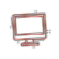 computadora personal en estilo cómico. ilustración de vector de dibujos animados de pc de escritorio sobre fondo aislado. concepto de negocio de signo de efecto de salpicadura de pantalla de monitor.