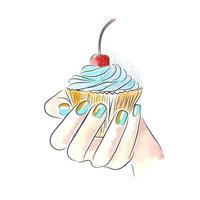 cupcake con cereza en la mano con uñas brillantes, galleta dulce vector