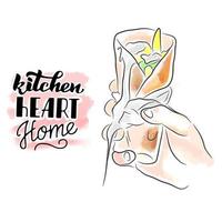 The kitchen is the heart of the house, hand lettering, shawarma, a dish in pita bread in male hands vector