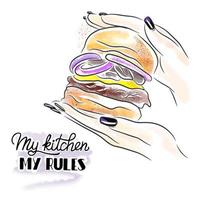 Hamburger with onion in hands with long nails, lettering, watercolor vector