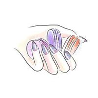 Sweet cakes in hands with long nails and beautiful manicure. Cute doodle macaron vector