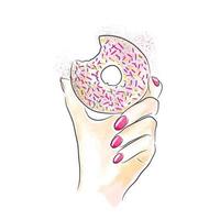 delicioso donut rosa con polvo en la mano con uñas rosas vector