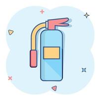 Extinguisher icon in comic style. Fire protection cartoon vector illustration on white isolated background. Emergency splash effect business concept.