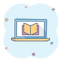 icono de educación elearning en estilo cómico. pictograma de ilustración de dibujos animados de vector de estudio. efecto de salpicadura de concepto de negocio de capacitación en línea de computadora portátil.