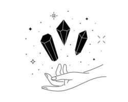 Mystic celestial crystals and constellation stars levitate over woman hand. Witch spirituality gemstones. Magic or healing mineral linear symbol. Esoteric tattoo or logo outline sketch. Vector eps