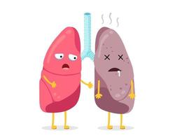 Caracteres de los pulmones Comparación saludable e insalubre. par de pulmones humanos buenas y malas condiciones. caricatura del sistema respiratorio humano órgano interno mascota asustada y triste por enfermedad. interiores de eps fuertes y dañados vector