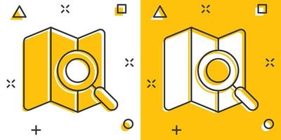 mapa con icono de lupa en estilo cómico. ilustración vectorial de dibujos animados de navegación gps sobre fondo blanco aislado. localizar el concepto de negocio de efecto de salpicadura de posición. vector