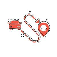 Car destination icon in comic style. Car navigation cartoon vector illustration on white isolated background. Locate position splash effect business concept.