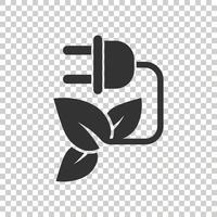 icono de energía ecológica en estilo plano. Ilustración de vector de enchufe de hoja sobre fondo blanco aislado. concepto de negocio de signo de electricista.