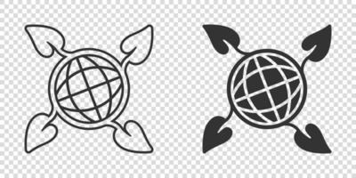 Planet and leaf icon in flat style. World and eco vector illustration on white isolated background. Globe and organic business concept.