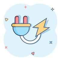 icono de enchufe eléctrico en estilo cómico. Ilustración de vector de dibujos animados de adaptador de corriente sobre fondo blanco aislado. concepto de negocio de signo de efecto de salpicadura de electricista.