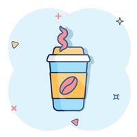 Coffee, tea cup icon in comic style. Coffee mug vector cartoon illustration pictogram. Drink business concept splash effect.