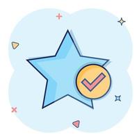 Check mark with star icon in comic style. Add to favorite cartoon vector illustration on white isolated background. Bookmark splash effect business concept.