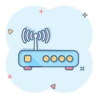 Wifi router icon in comic style. Broadband cartoon vector illustration on white isolated background. Internet connection splash effect business concept.