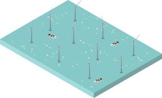 isometric scene of Wind turbines generating electricity and speed boat in the river ocean vector