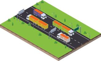 escena isométrica del camión de remolque de carga de transporte con una carga de tierra en la carretera de tráfico vector