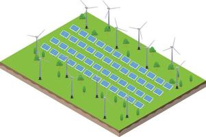 isometric scene of Wind turbines generating electricity and solar farm panels vector