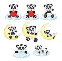 set cute panda on clouds and moon, panda smiles vector