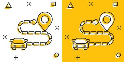 icono de destino de coche en estilo cómico. ilustración de vector de dibujos animados de navegación de coche sobre fondo blanco aislado. localizar el concepto de negocio de efecto de salpicadura de posición.