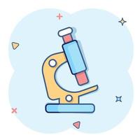 icono de microscopio en estilo cómico. Ilustración de vector de dibujos animados de lupa de laboratorio sobre fondo aislado. concepto de negocio de signo de efecto de salpicadura de instrumento de biología.