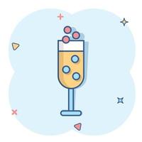 Champagne glass icon in comic style. Alcohol drink vector cartoon illustration on white isolated background. Cocktail splash effect business concept.