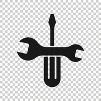 Wrench and screwdriver icon in flat style. Spanner key vector illustration on white isolated background. Repair equipment business concept.