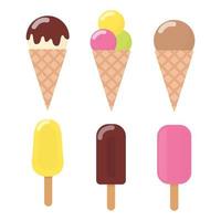 Colorful ice cream icons set. Collection ice cream cones with different topping isolated on white background. Vector illustration.