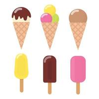 Colorful ice cream icons set. Collection ice cream cones with different topping isolated on white background. Vector illustration.