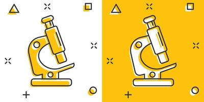 icono de microscopio en estilo cómico. Ilustración de vector de dibujos animados de lupa de laboratorio sobre fondo aislado. concepto de negocio de signo de efecto de salpicadura de instrumento de biología.