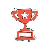 Trophy cup icon in comic style. Goblet prize cartoon vector illustration on isolated background. Award splash effect sign business concept.